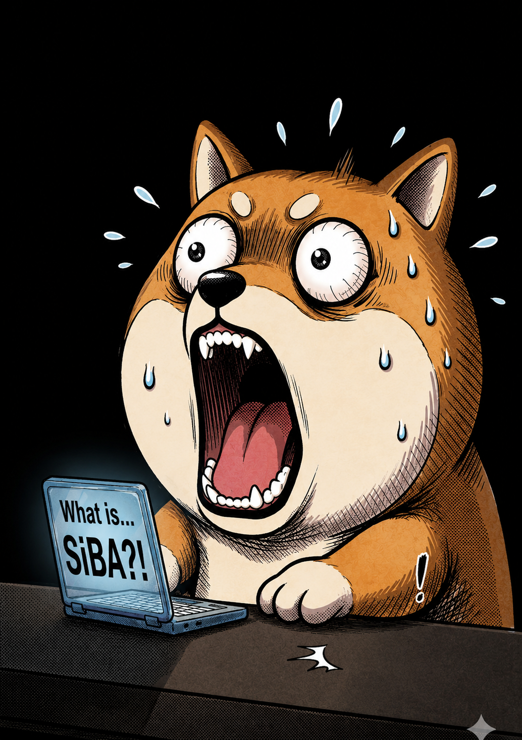 Shiba Inu shocked at laptop asking What is SIBA?!